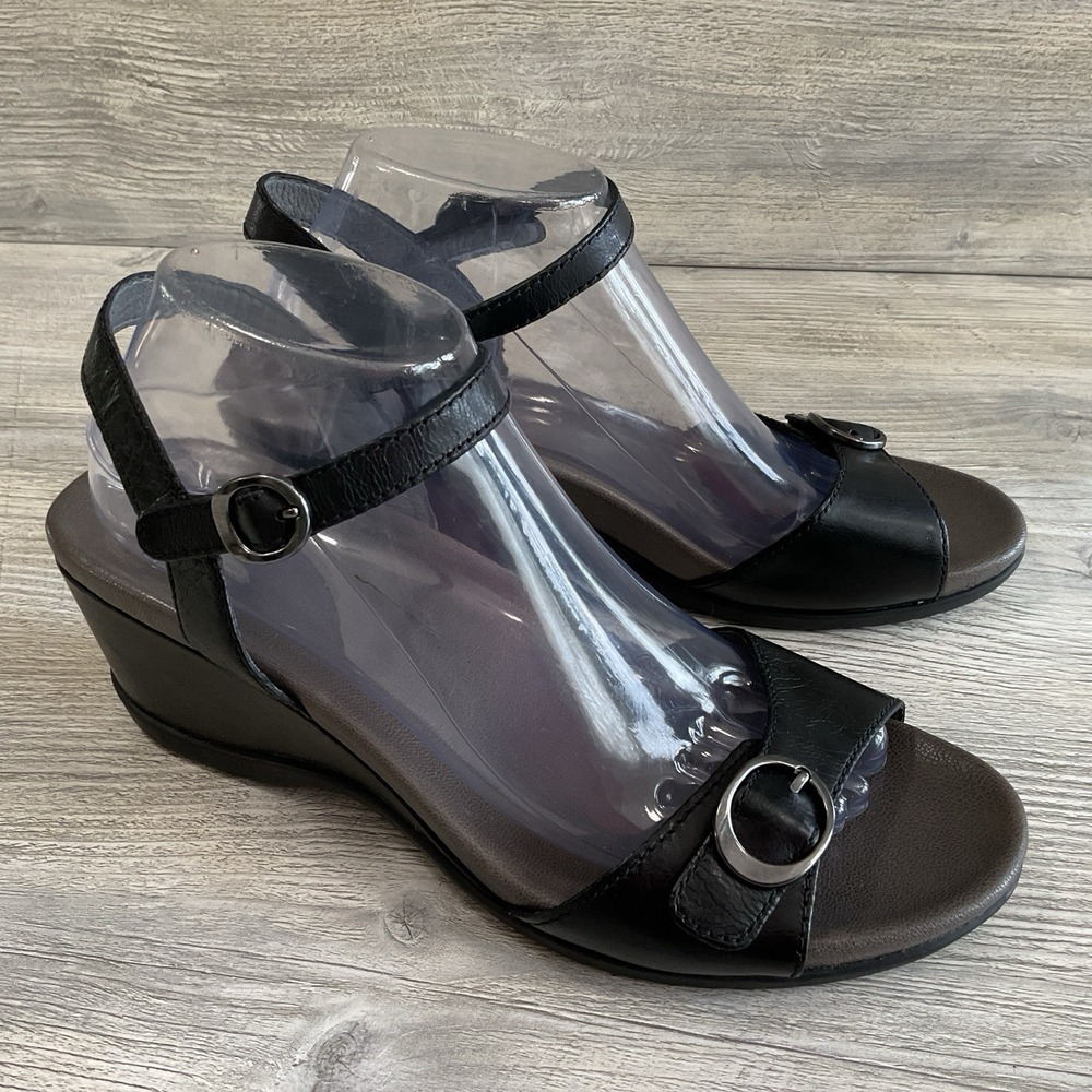 Dansko Leather Wedge Sandals Arielle Black Women's Size 40 9.5-10 Buckle Comfort